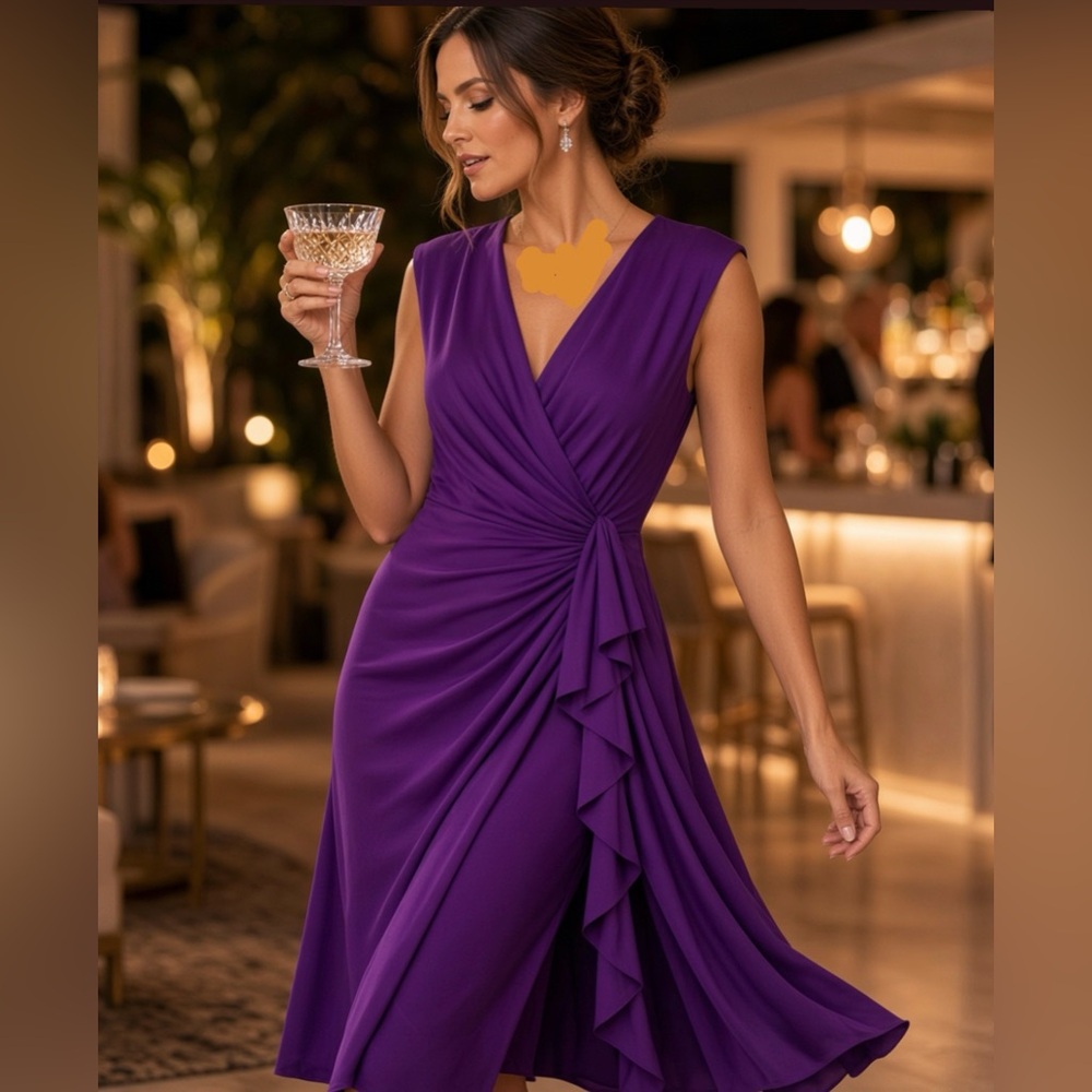 Evan Picone Purple Draped Ruffle Midi Dress